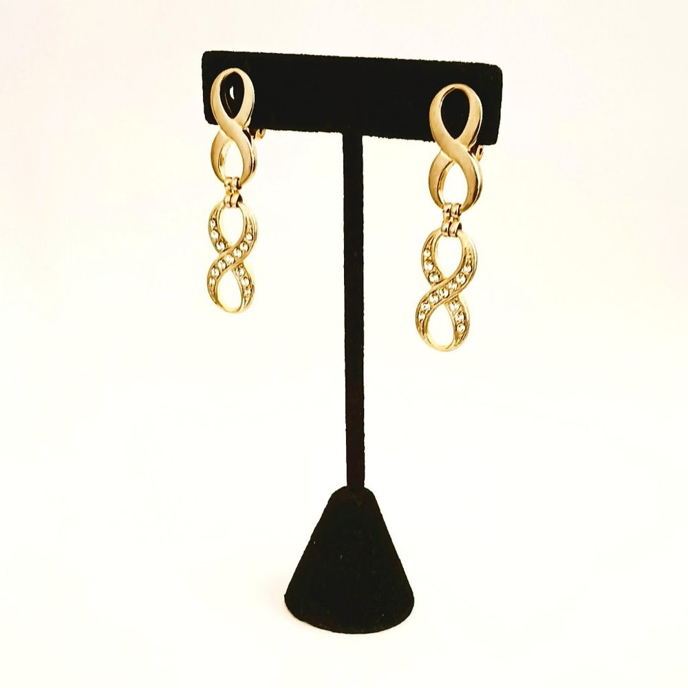 Double Figure 8 Gold Dangle Earrings Clip On Drop with Rhinestones